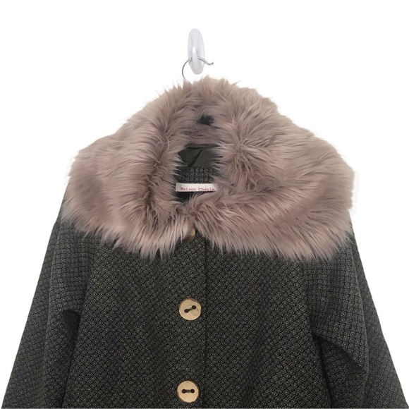 Maison Cherie Green Black 100% Wool Geo Print Coat With Fur Collar - Picture 3 of 11